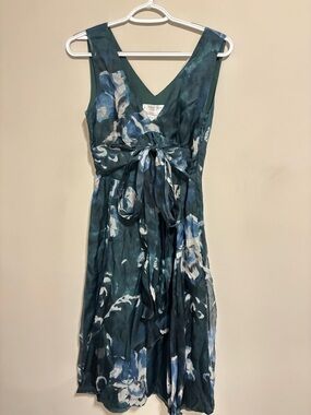 Max Mara Silk Floral Dress Size 6 Made in Italy Tie Waist Blue Green
